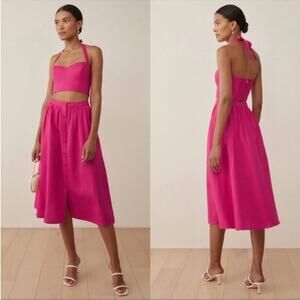 Reformation Hot Pink Halter Crop Top & Midi Skirt Set